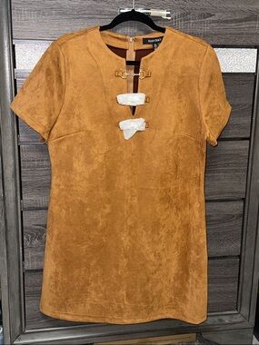 Ellen Tracy Camel Suede-Look Mini Dress with Hook Details